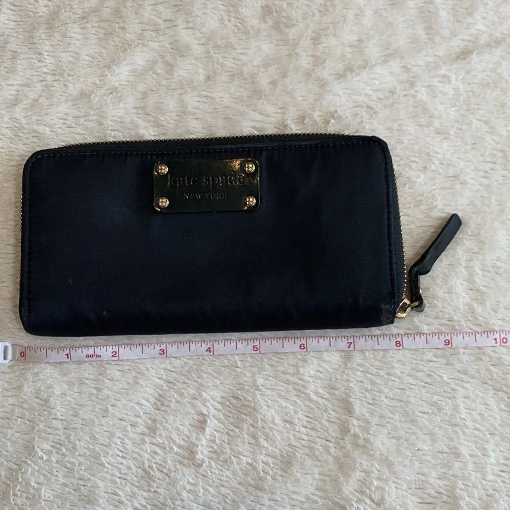 Kate Spade Zip Around Wallet Black Nylon Logo Plate